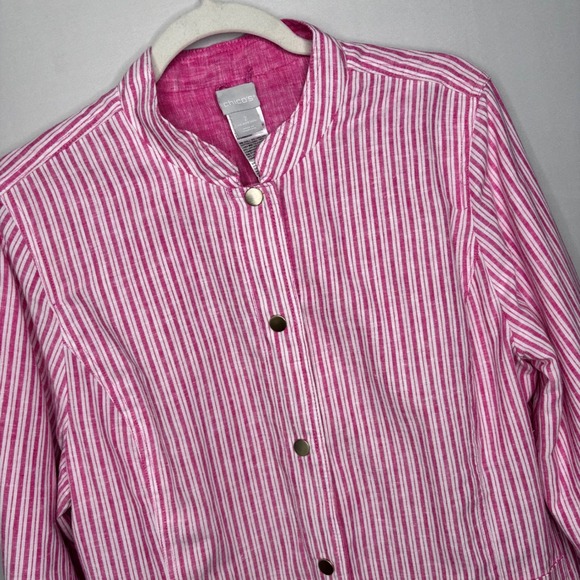 Chicos Reversible Linen Jacket Size 2/12-14 Pink White Striped Snap Classic - Picture 4 of 13